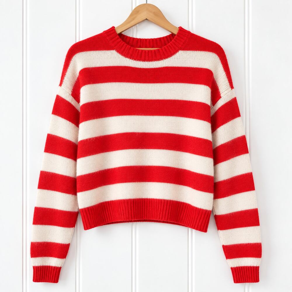 Diane von Furstenberg Sweater M Red White Stripe 70% Angora Wool Crewneck